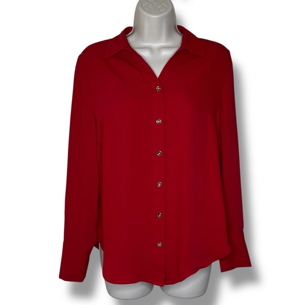 Chicos Red Pleated Back Button Front Long Sleeve Tunic Blouse Shirt Women Small